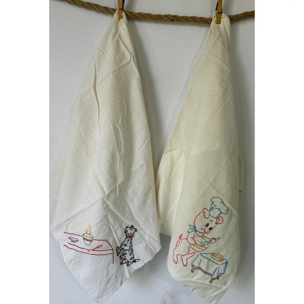 Cottagecore Tea Towels Vintage Embroidered Pig Dog Kitchen White‎ Good